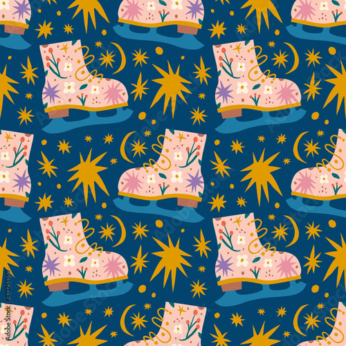 Christmas doodle ice skates childish cartoon doodles boho naive funky handdrawn style art seamless pattern vector 