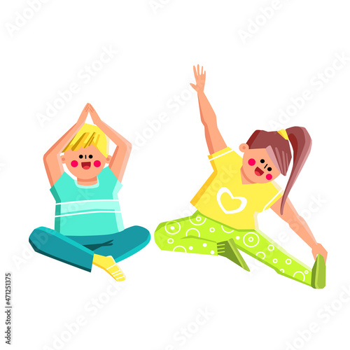 Boy And Girl Children Exercising Kid Yoga Vector. Preteen Schoolboy And Schoolgirl Training Kid Yoga Together. Characters Practicing Exercise, Active Time Flat Cartoon Illustration