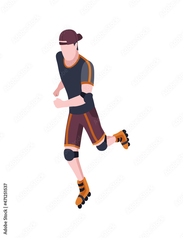 People in park isometric. Man an rollerblading. Active living recreation activities. Spending free time usefully. character isolated on white People in park isometric. Man an rollerblading. Active living recreation activities. Spending free time usefully. character isolated on white