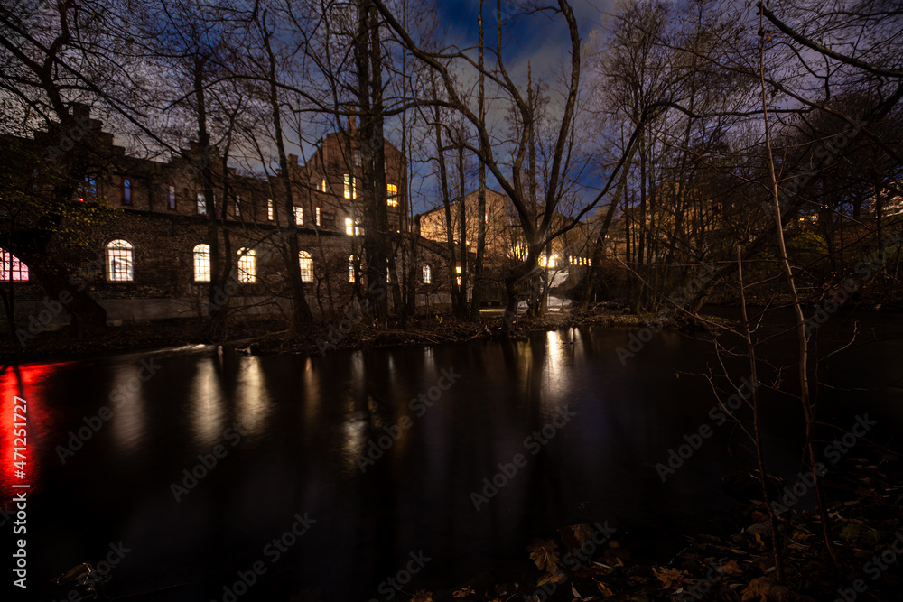 Fototapeta premium view of the river view of the old town, Akerselva, Oslo, Norway