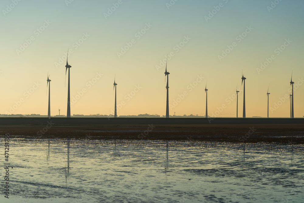 Wind turbines spinning at the Dutch coast on a sunny afternoon.