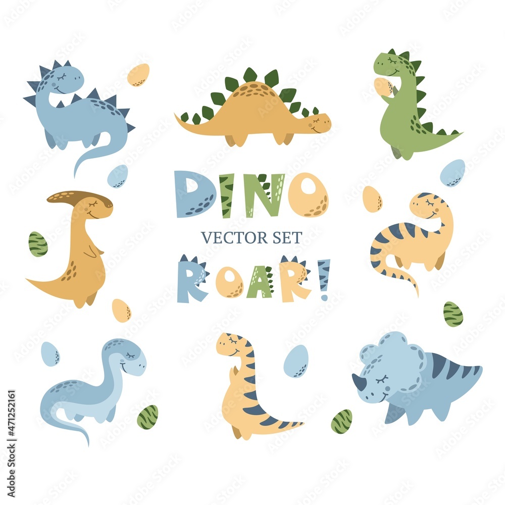 Vector set of different dinosaurs. Cute childish illustration. Collection of monsters. Prints for baby clothes Vector set of different dinosaurs. Cute childish illustration. Collection of monsters. Prints for baby clothes