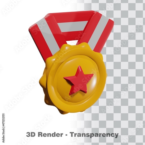 3D Gold medal and ribbon with transparency background