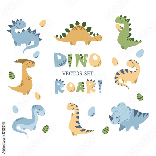 Vector set of different dinosaurs. Cute childish illustration. Collection of monsters. Prints for baby clothes