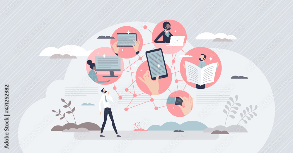 News channels as media communication types using various devices tiny person concept. Article spreading network to newspaper, tablet, website and pc vector illustration. Multimedia press information. - obrazy, fototapety, plakaty 