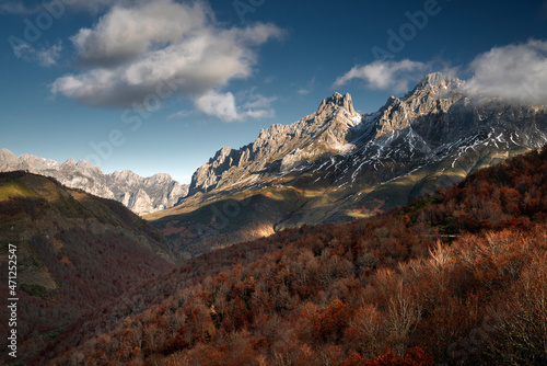 Mountain landscape in the morning in Picos de Europa National Park. Valdeon, Leon, Spain