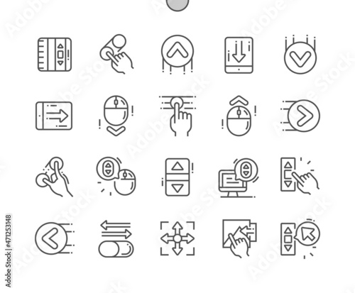 Scroll down. Move left and right. Zoom in and out. Scrolling on computer. Gesture, application and button. Pixel Perfect Vector Thin Line Icons. Simple Minimal Pictogram