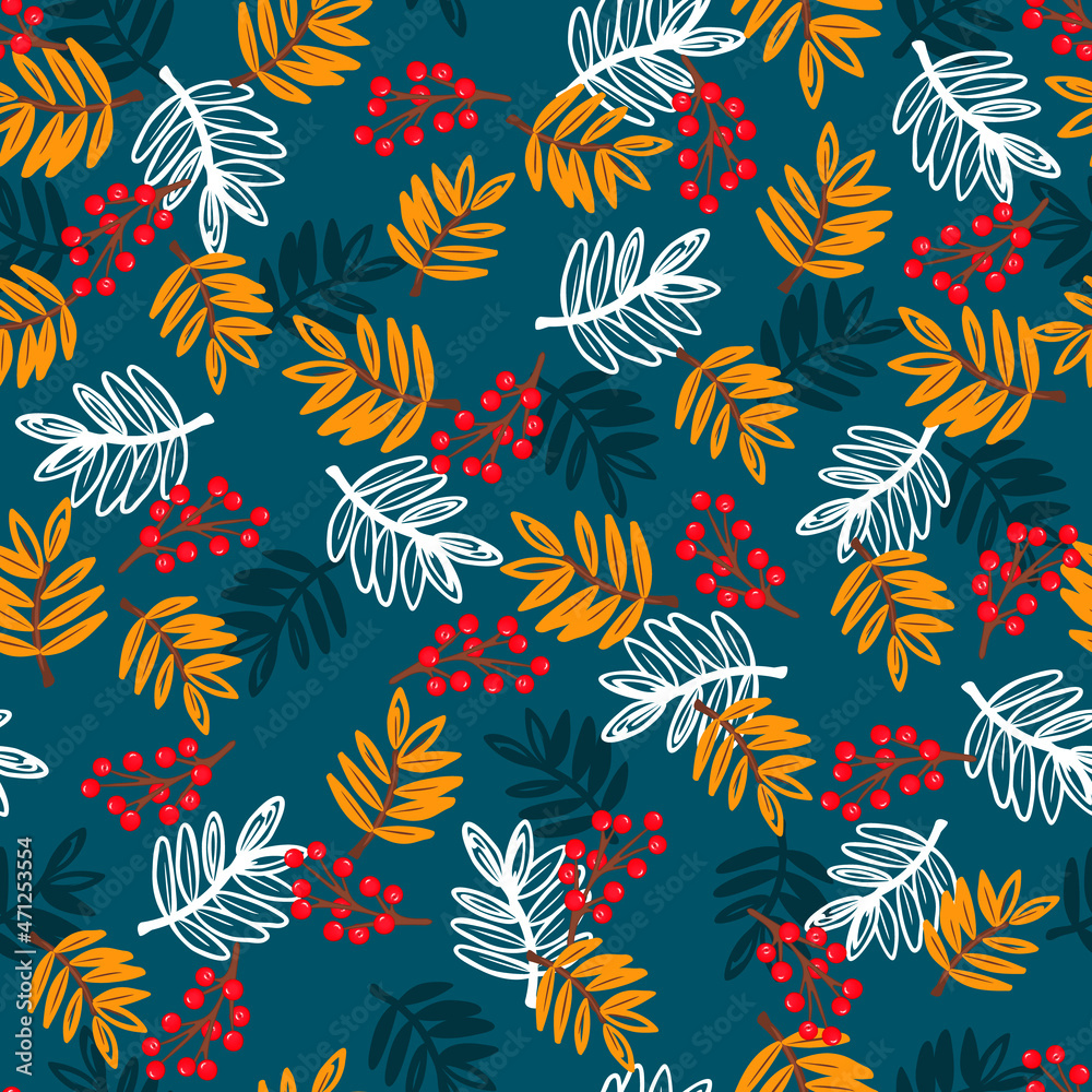 Vector seamless pattern with fall leaves and red berries.Modern autumn ...