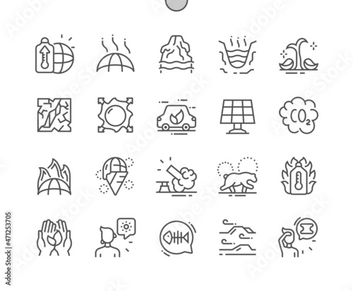 Global warming. Dry plant. Planet temperature. Solar panels and electric car. Ecology problem. Pixel Perfect Vector Thin Line Icons. Simple Minimal Pictogram