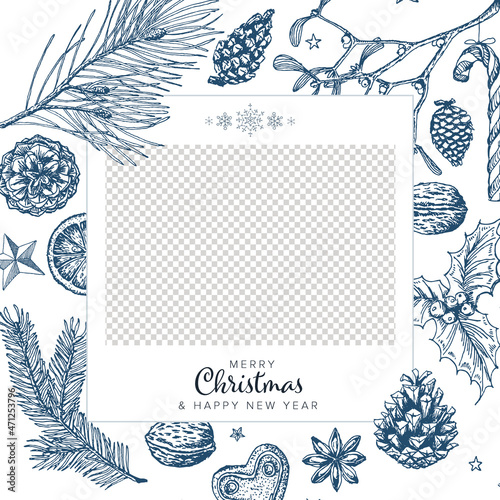 Christmas light family photo card layout template with christmas elements