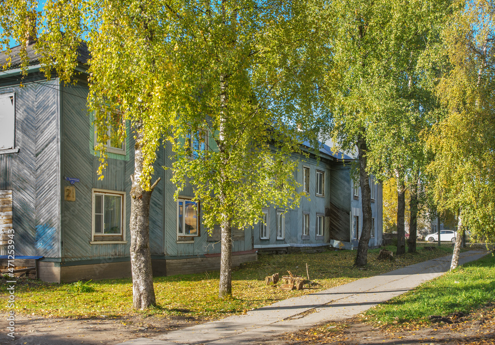 Naklejka premium View of typical street in Plesetsk. Russia