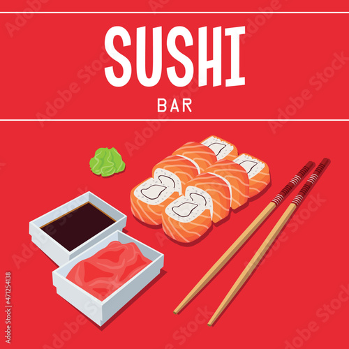 Background Sushi Bar Red Background Sushi Set Red Fish Chopsticks Wasabi Soy Sauce
