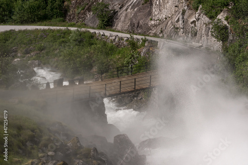 Waterfall at the bridge to Briksdalsbreen Glacier in Norway.