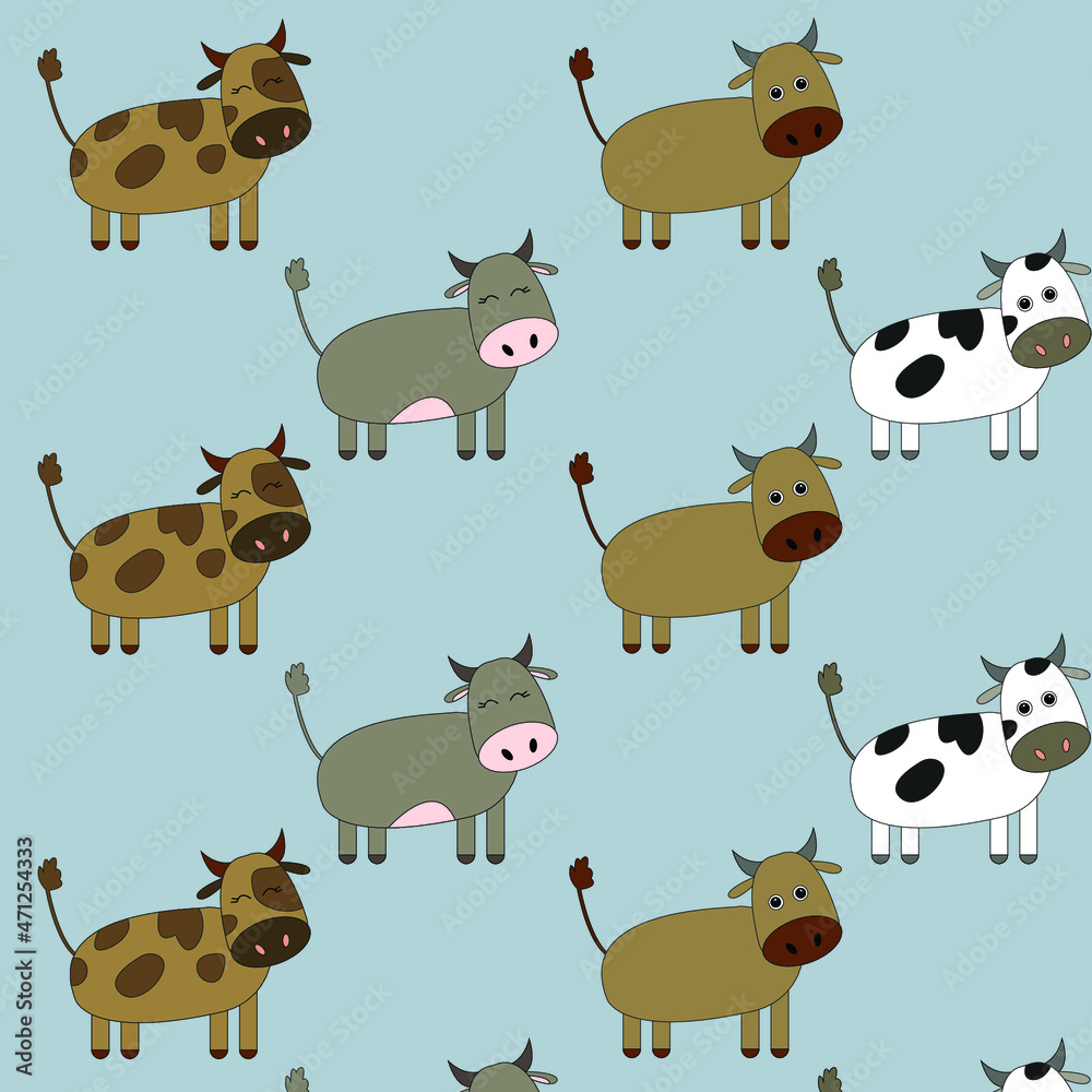 Obraz premium Pattern with painted colorful cows. Can be used for wallpaper, textiles, packaging, cards, covers. Small cute animal on a blue background.