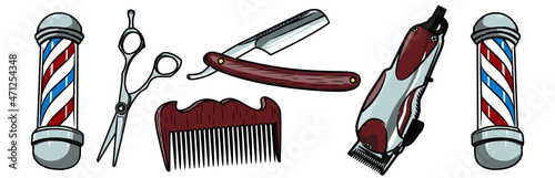 A set of items for the barberop. Scissors, straight razor, comb, scissors and hair clipper. Isolated on white background
