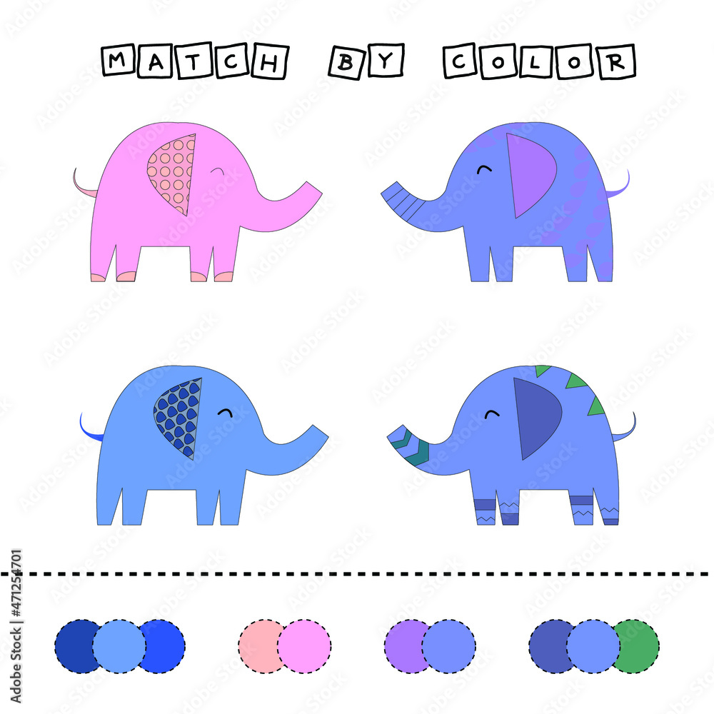 worksheet vector design, challenge to connect the elephant  with its color. Logic game for children.