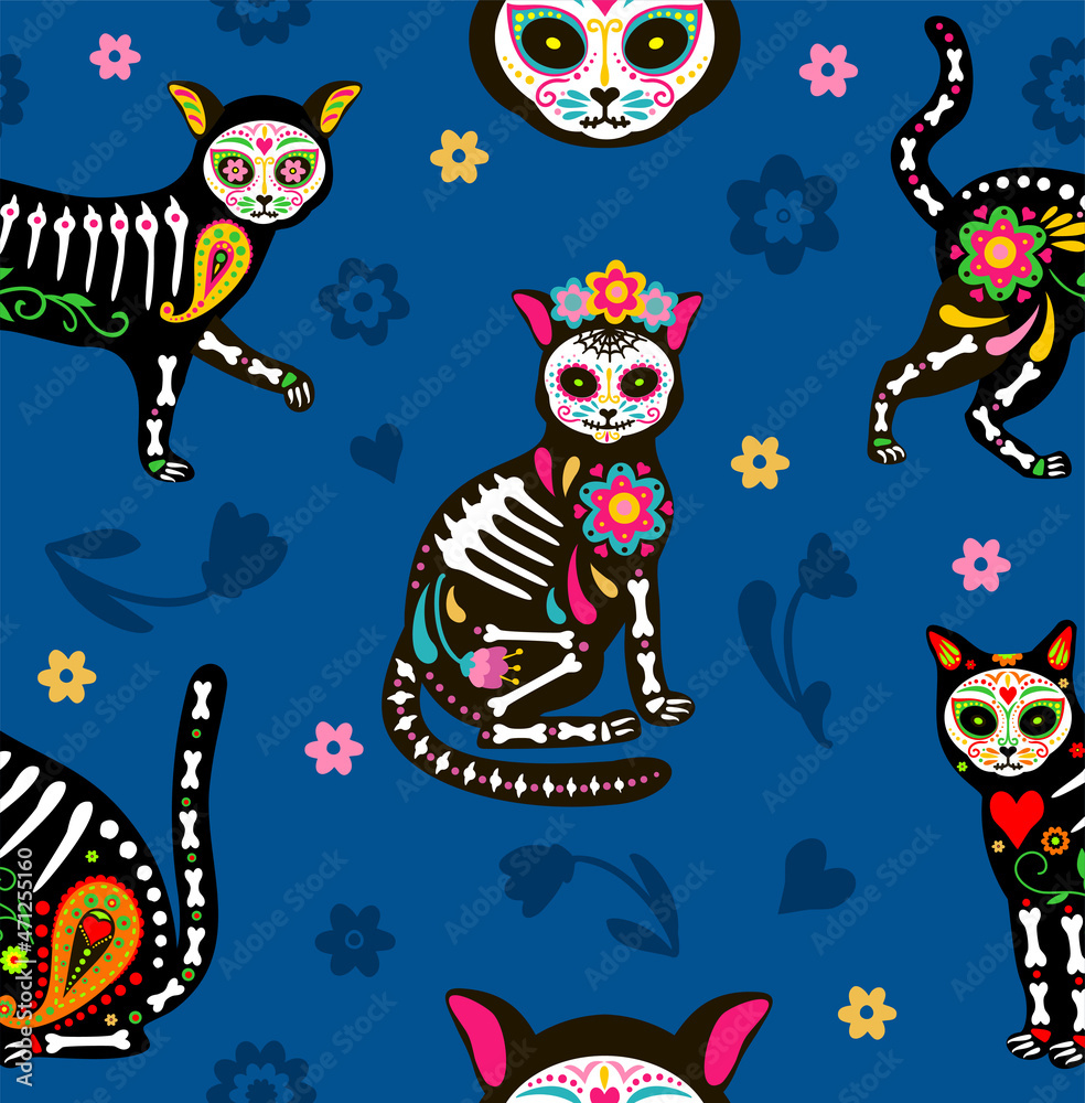 Seamless pattern with sugar skull Calavera black cats in Mexican style for the holiday of Day of the Dead, Dia de Muertos and Halloween. Cats and colorful decorative flowers on a black background.