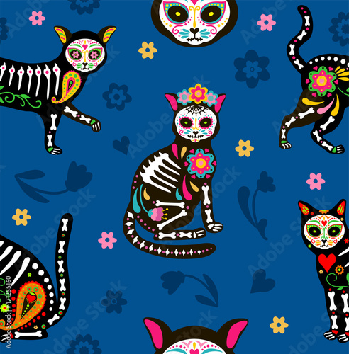 Seamless pattern with sugar skull Calavera black cats in Mexican style for the holiday of Day of the Dead  Dia de Muertos and Halloween. Cats and colorful decorative flowers on a black background.