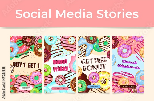 Donut weekend deals social media stories vertical landing page set vector flat illustration
