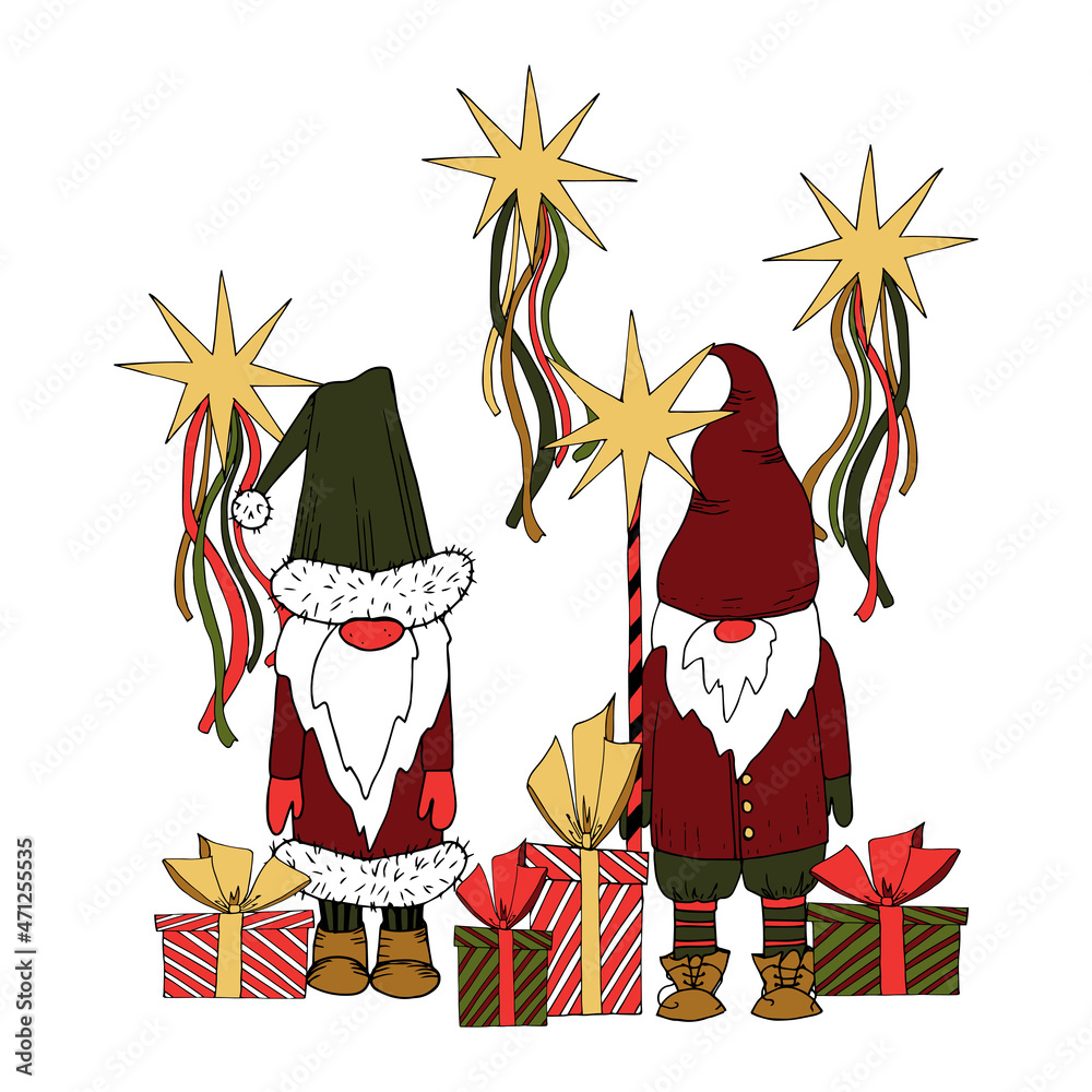 Vector illustration of elves and gifts on a white background.