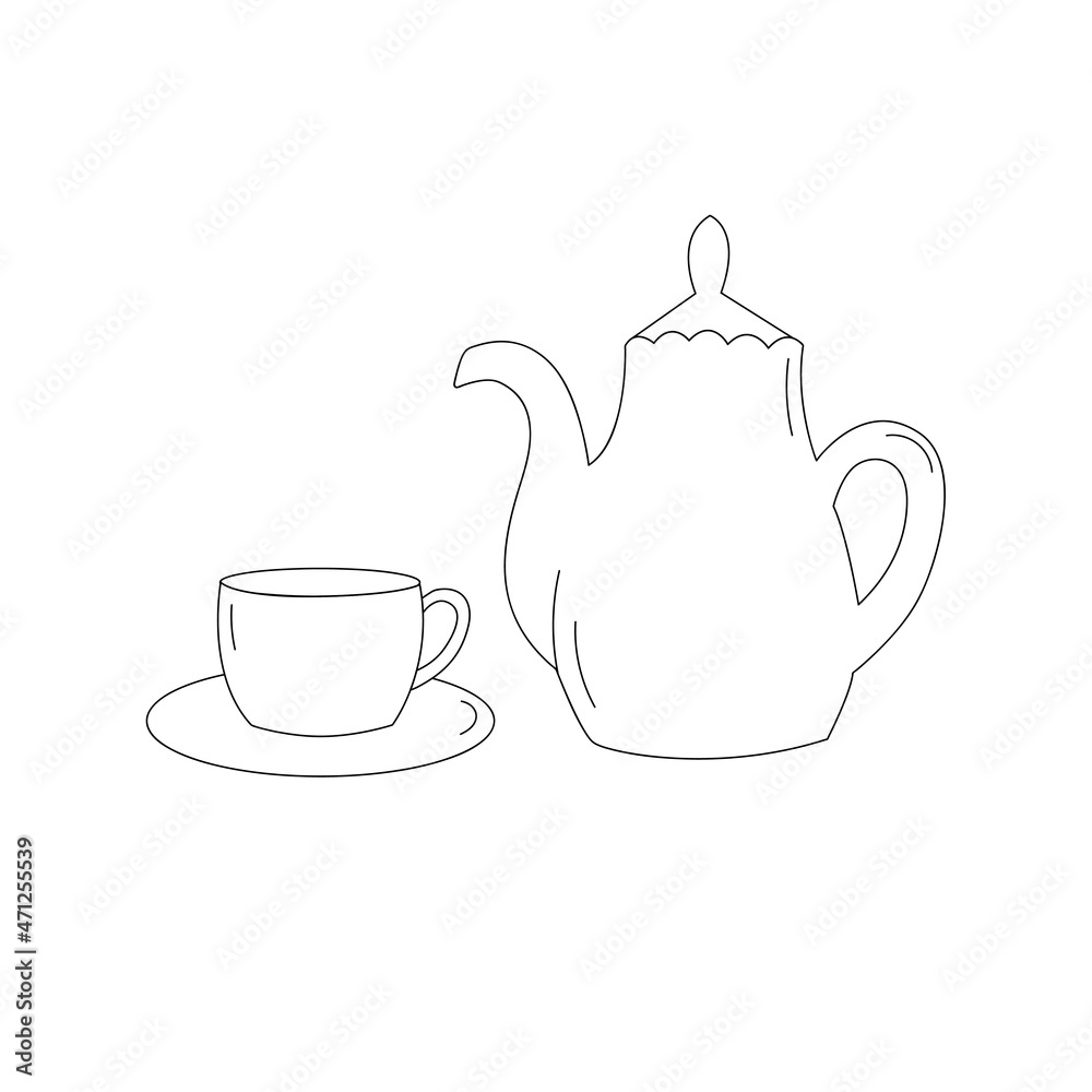 Doodle line art teapot, cup and saucer. Kitchen utensil. Isolated vector illustration Doodle line art teapot, cup and saucer. Kitchen utensil. Isolated vector illustration