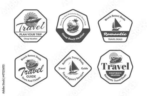 Romantic travel deals monochrome logo set vector illustration. Promotional simple emblem