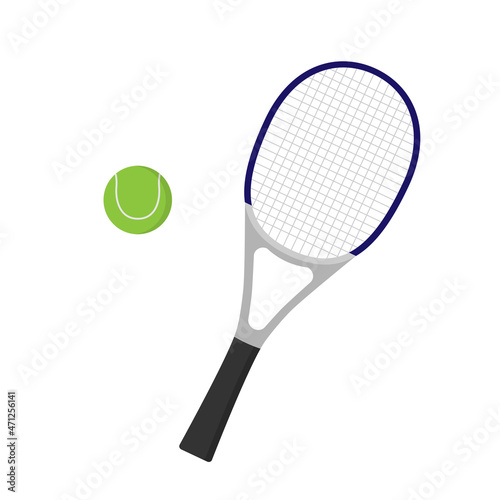 Colorful tennis racket and ball. Flat style tennis equipment. Isolated vector illustration