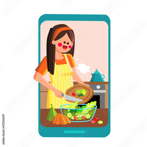 online recipe woman. kitchen online recipe app. cooking digital video. culinary class. gastronomy workshop vector character flat cartoon Illustration