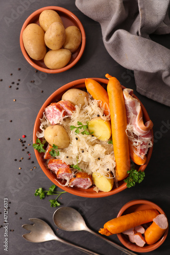 sauerkraut with cabbage, sausage and potato