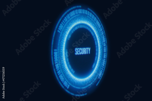 Neon blue geometric circle with inscription security on dark background. Round virtual screen. Holographic interface to display data. 