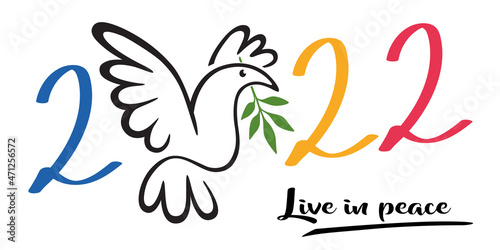 Illustration d’une colombe tenant dans son bec un rameau d’olivier, pour souhaiter une année 2022 sous le signe de la paix dans le monde Fotobehang