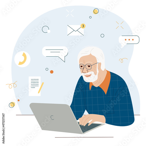 Old people use internet. Modern senior man with laptop. Oldster computer education. Progressive grandpa use notebook to work online. Elderly man learning to use PC.