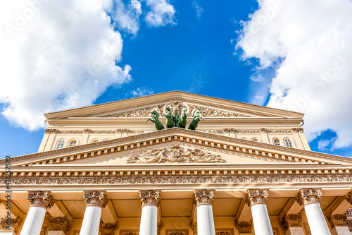 Facade of the Bolshoi Theatre, a historic theatre in Moscow, Russia, Europe