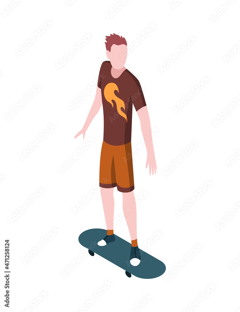People in park isometric. Man skates. Active living recreation activities. Spending free time usefully.  character isolated on white