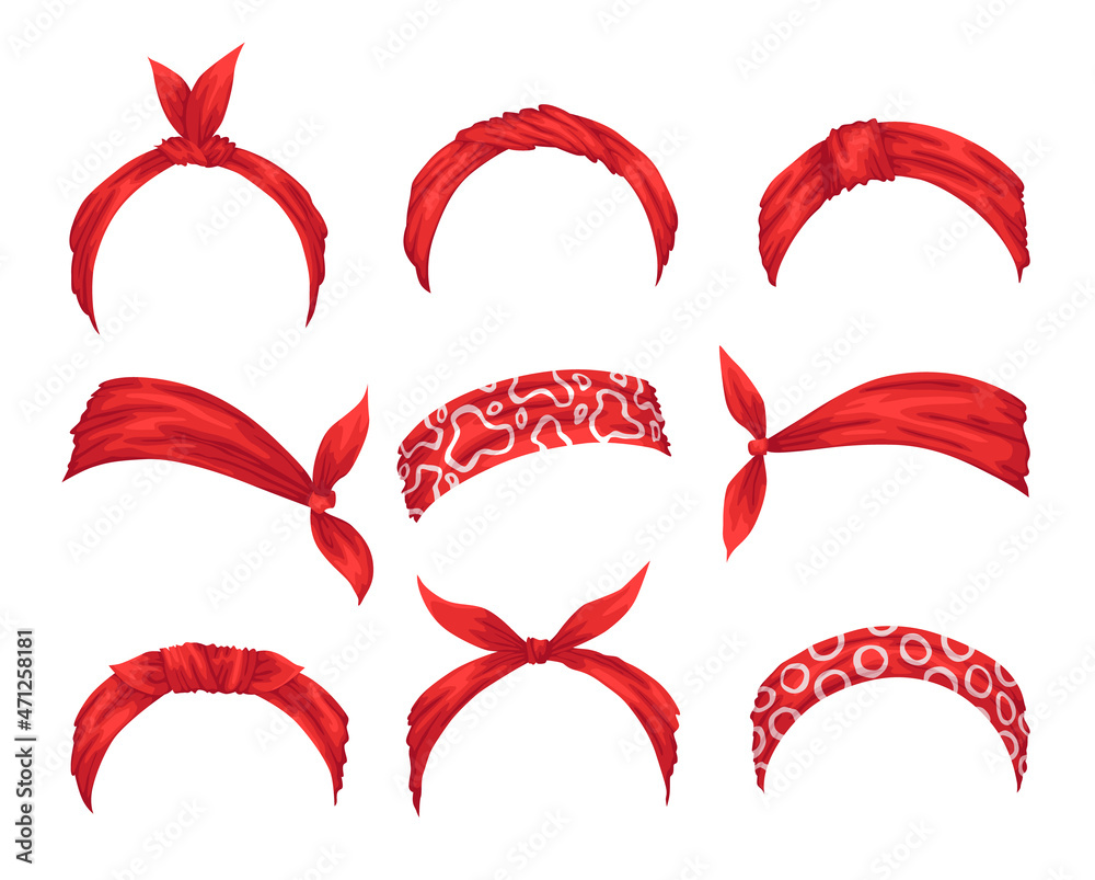 Collection of retro headbands for woman. Mockups of decorative hair knott. Red bandana windy hair dressing. Tied handkerchief for hairstyles Collection of retro headbands for woman. Mockups of decorative hair knott. Red bandana windy hair dressing. Tied handkerchief for hairstyles