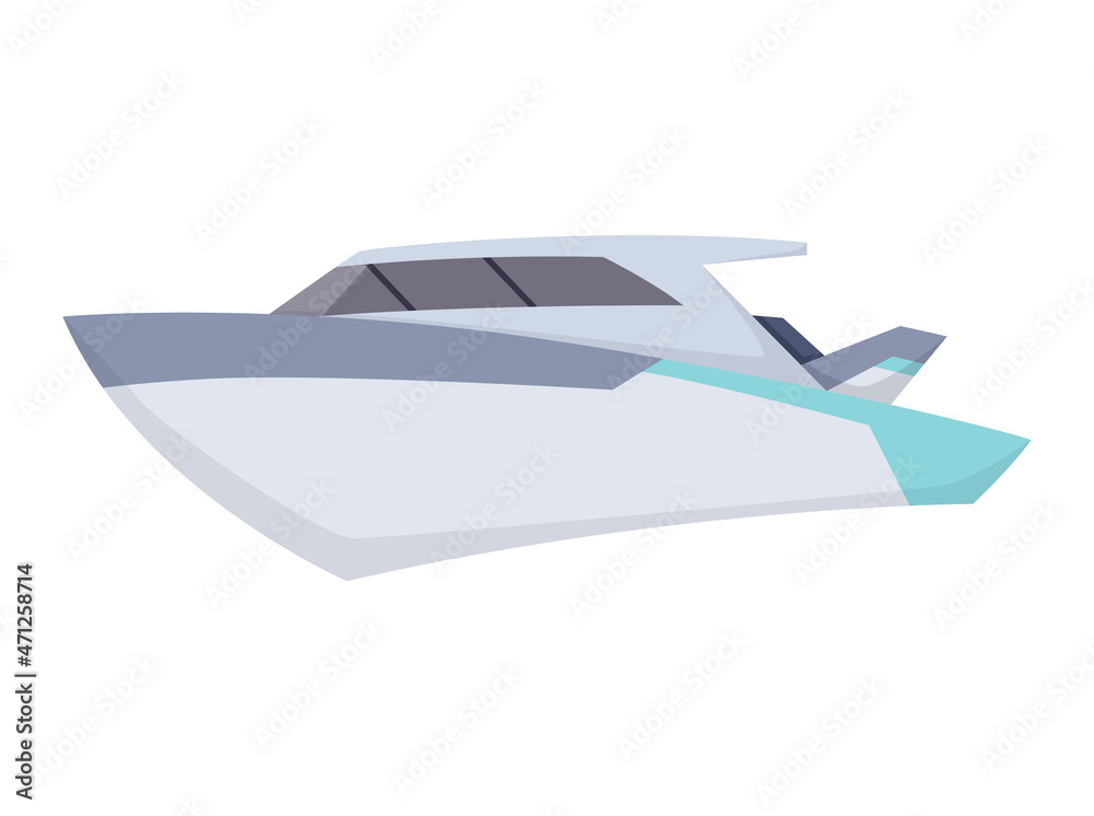 Water speedboat. Ship boat side view isolated on white background. Fast commercial ship, for ocean water. Isolated transport icon