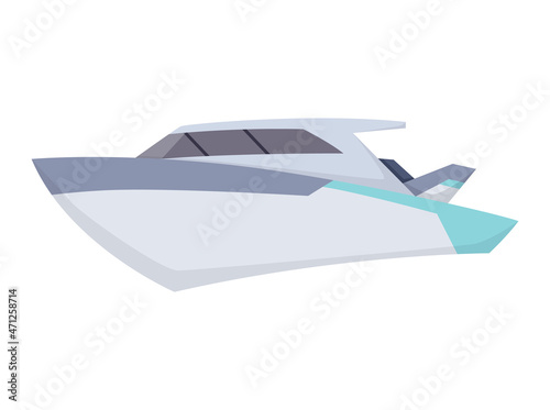 Water speedboat. Ship boat side view isolated on white background. Fast commercial ship  for ocean water. Isolated transport icon