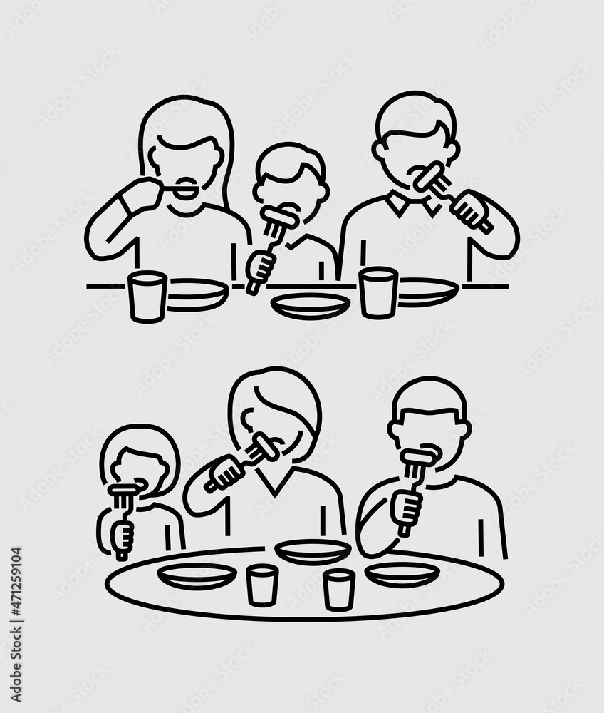 Family Eating Dinner Together at a Table Vector Line Icons Family Eating Dinner Together at a Table Vector Line Icons