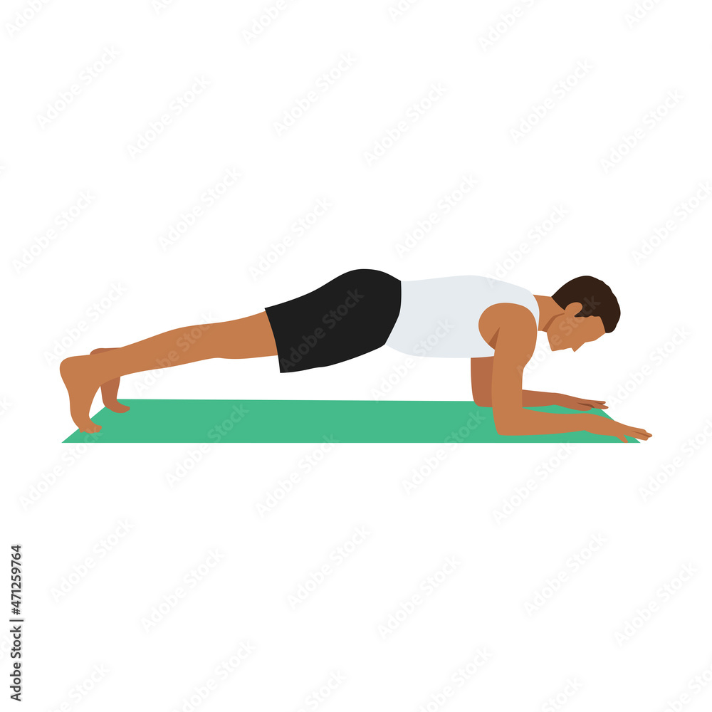 Man doing Forearm plank exercise. Flat vector illustration isolated on white background Man doing Forearm plank exercise. Flat vector illustration isolated on white background