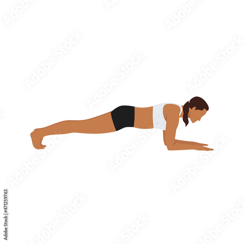 Woman doing Forearm plank exercise. Flat vector illustration isolated on white background