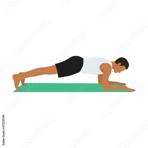 Man doing Forearm plank exercise. Flat vector illustration isolated on white background
