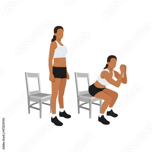 Woman doing Chair squat exercise. Flat vector illustration isolated on white background