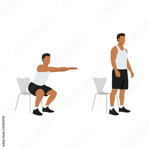 Man character doing Chair squat exercise. flat vector illustration isolated on different layers