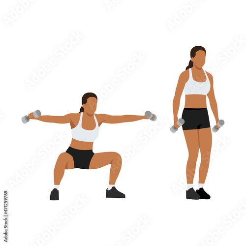 Woman doing Wide pop squat with lateral raise exercise. Flat vector illustration isolated on white background