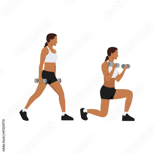 Woman doing Stationary lunge with biceps curl exercise. Flat vector illustration isolated on white background