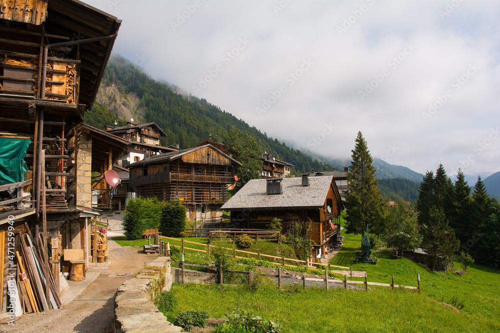 Traditional wooden buildings in the Alpine village of Sauris di Sopra, Udine Province, Friuli-Venezia Giulia, north east Italy

