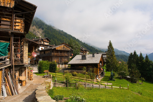 Traditional wooden buildings in the Alpine village of Sauris di Sopra, Udine Province, Friuli-Venezia Giulia, north east Italy 