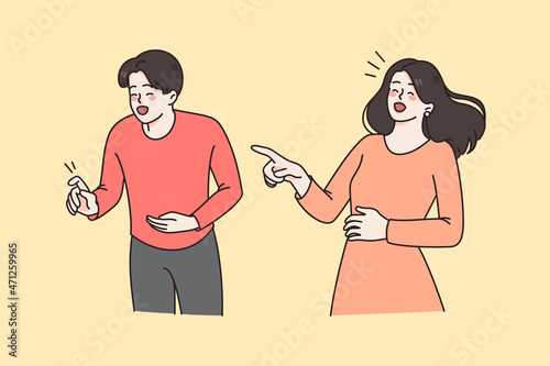 Laughing and positivity, humour concept. Smiling couple standing and laughing with mouth open pointing at something holding bellies vector illustration 