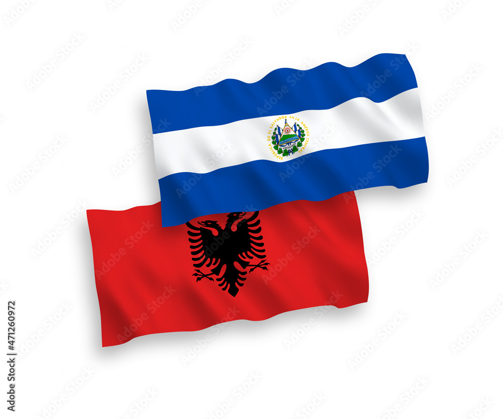 National vector fabric wave flags of Republic of El Salvador and Albania isolated on white background. 1 to 2 proportion. National vector fabric wave flags of Republic of El Salvador and Albania isolated on white background. 1 to 2 proportion.