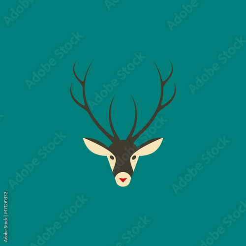 Simple modern reindeer head, with long antlers and a  red nose. A Christmas icon on a dark green background.